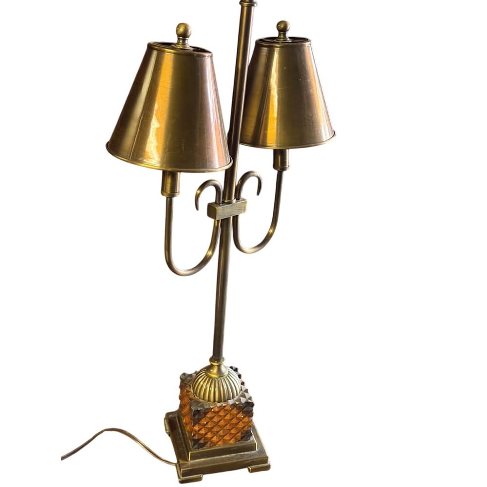 Vintage Brass Double Student Lamp with a Distinctive Pineapple-Motif Base